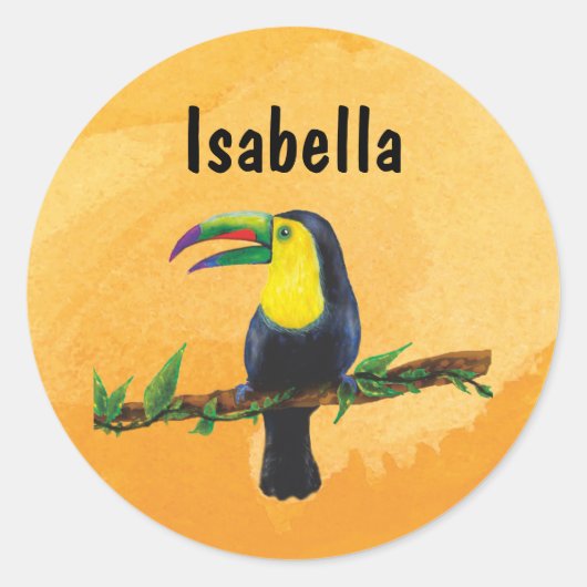 Namensaufkleber orange - Tucan Aquarell-Design Runder Aufkleber (Vorderseite)