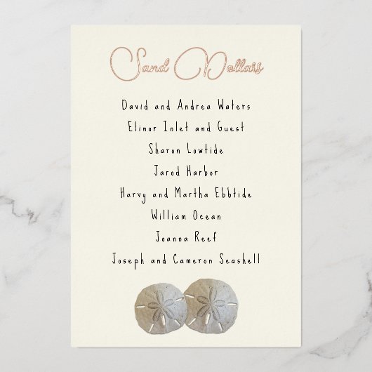 Namenskarten für Sand-Dollar-Tischnummern Folieneinladung (Vorderseite)