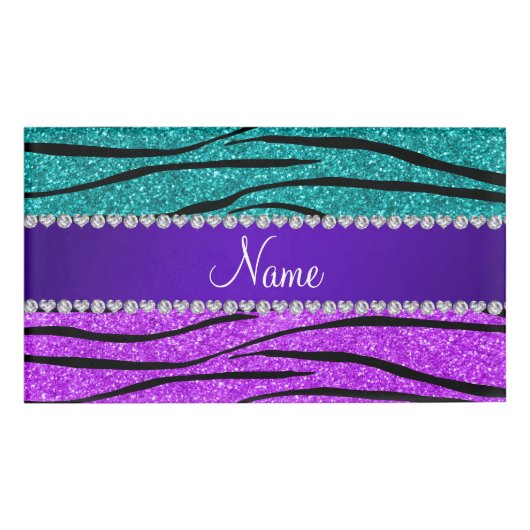 Namenslila Türkis-Glitter Zebraneonstreifen Namenschild (Vorderseite)