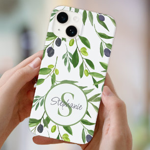 Namensmonogramm Grün Wasserfarbe Olivenmuster Case-Mate iPhone 14 Hülle