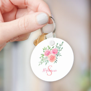 Namensmonogramm Wasserfarbe Rosa Floral Schlüsselanhänger