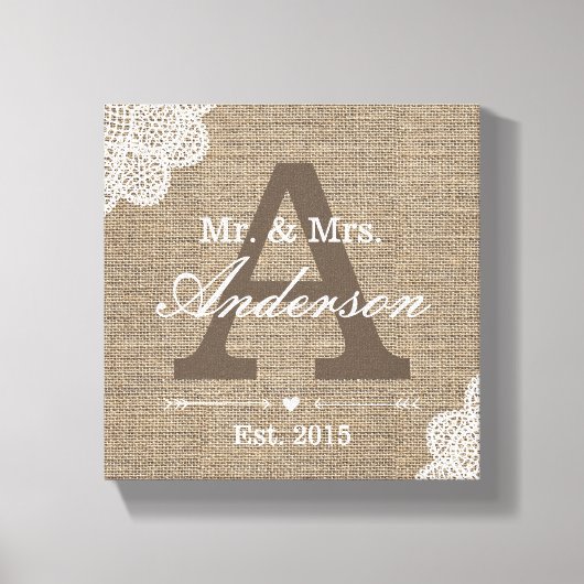 Namensschild der Familie Burlap & Lace Leinwanddruck (Vorderseite)