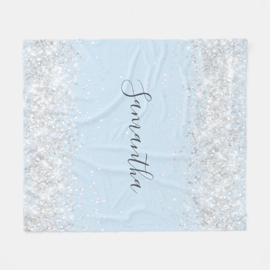 Namensschild für Baby Blue Silver Glitzer Fleecedecke (Vorderseite (Horizontal))