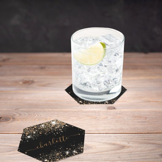 Namensschild für den schwarzen Glitzer Untersetzer