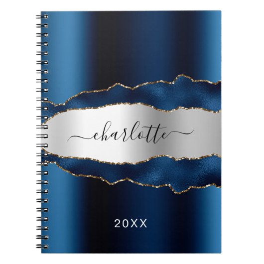 Namensschild für Navy-Silber-Agar-Marmor Notizblock (Vorderseite)