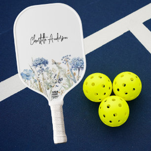 Namensskript für blaue Wildblumen Pickleball Schläger