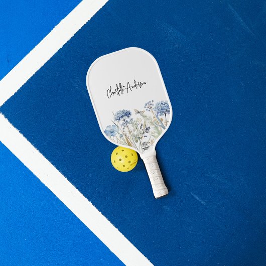 Namensskript für blaue Wildblumen Pickleball Schläger