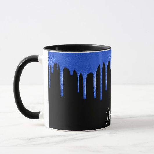 Namensskript für Tropfen mit schwarzblauem Glitzer Tasse (Links)