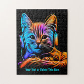 Namenstext hinzufügen, Aqua Orange Neon Cat Kopfhö Puzzle (Vertikal)