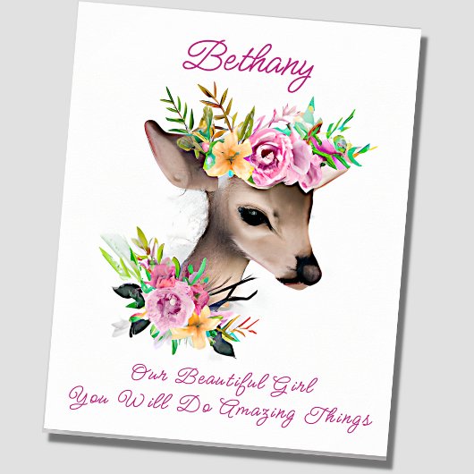 Namenstext hinzufügen, Baby Deer Fawn mit rosa Blu Poster