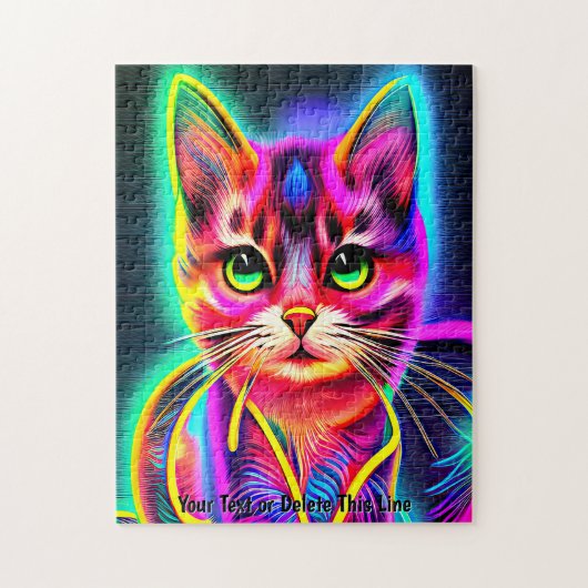 Namenstext hinzufügen, Neoneffektkatze mit Regenbo Puzzle (Vertikal)