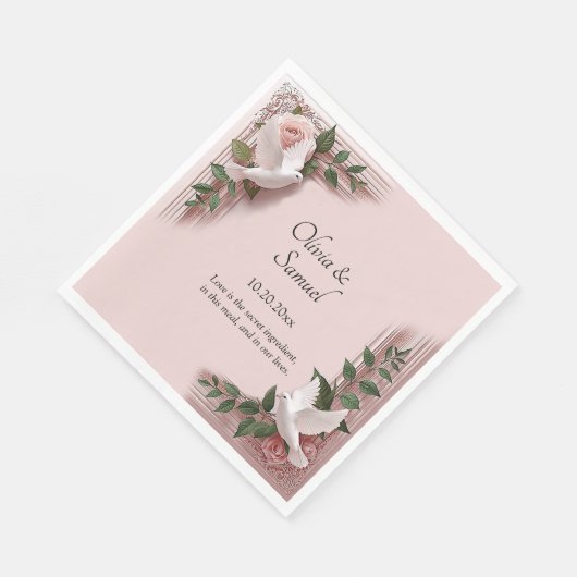 Names Date Message Pink Roses & Doves Luncheon Serviette (Ecke)