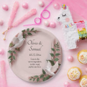 Names Date Message Pink Roses & Doves Wedding 9" Pappteller (Party)