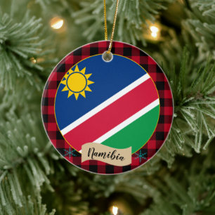 Namibia, Rote Büffel, kariert und namibische Flagg Keramik Ornament