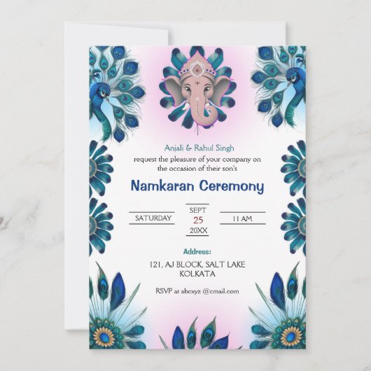 Namkaran-Namensfeier mit dem Peacock Ganesha-Logo Einladung (Vorderseite)