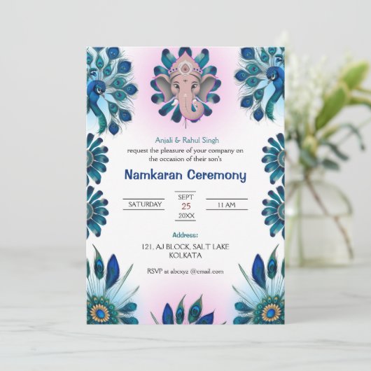Namkaran-Namensfeier mit dem Peacock Ganesha-Logo Einladung (Stehend Vorderseite)