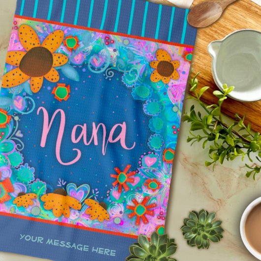 Nana Blue Hübsch Floral Stripes Spaß Personalisier Geschirrtuch