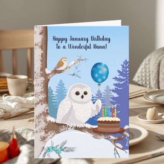 Nana Happy January Birthday Snowy Owl Karte