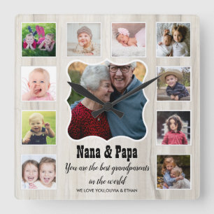 Nana Papa Best Grandparents 11 Photo Collage Wood Quadratische Wanduhr
