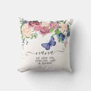 Nana We Liebe You Watercolor Floral Blue Butterfly Kissen
