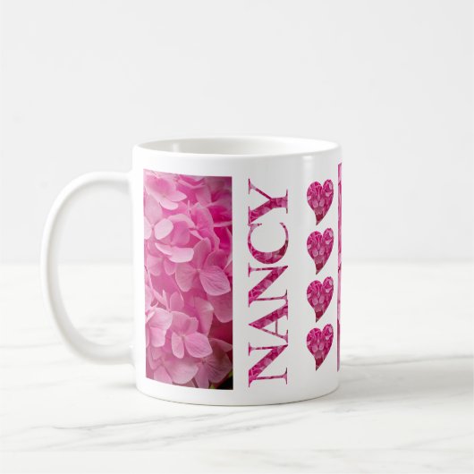 "Nancy" Pink Hydrangea Blumenbriefe & Herz Kaffeetasse (Links)