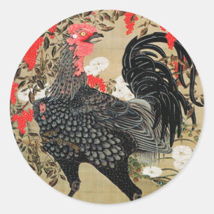 Nandina und Rooster Illustration von Ito Jakuchu Runder Aufkleber