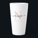 Nanna Elegant Script Monogram Blush Pink Milchtasse<br><div class="desc">Letzte Tasse für eine neue Nanna oder langjährige Großmutter, die Sie mit dem Datum, an dem sie zu Großeltern geworden sind, personalisieren können. Dieses trendige minimalistische Design ist in einer dezenten Farbpalette aus Rosa, Schwarz und Weiß gehalten. Es hat ein Mohnmonogramm, mit dem Anfangsbuchstaben N und dem Namen Nanna, in...</div>
