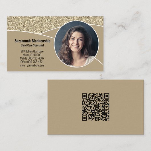 Nanny Custom Foto Imitate Gold Glitzer QR Code Visitenkarte (Vorne/Hinten)