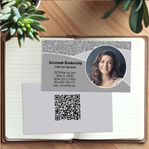Nanny Custom Foto Imitate Silver Glitzer QR Code Visitenkarte