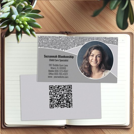Nanny Custom Foto Imitate Silver Glitzer QR Code Visitenkarte