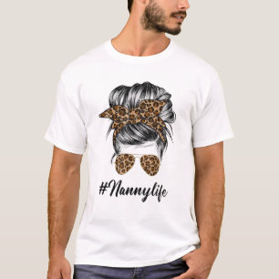 Nanny Life Messy Hair Bun Leopard Print Women Moth T-Shirt