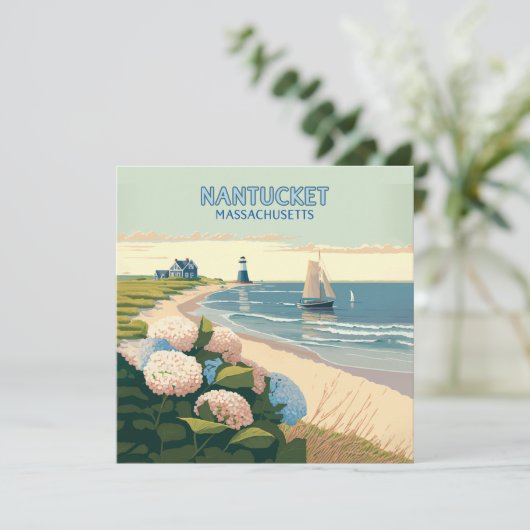 Nantucket Beach Hydrangeas Lighthouse Boat Retro (Stehend Vorderseite)