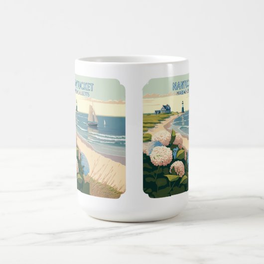 Nantucket Beach Hydrangeas Lighthouse Boat Retro Kaffeetasse (Mittel)