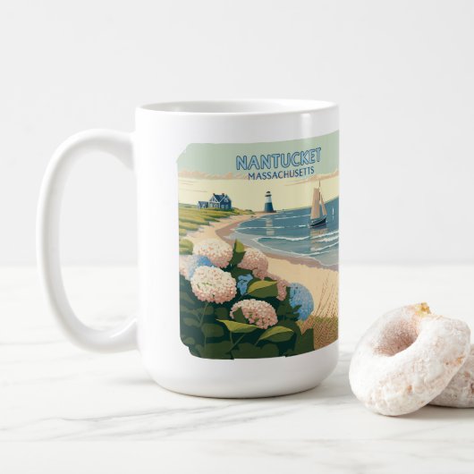 Nantucket Beach Hydrangeas Lighthouse Boat Retro Kaffeetasse (Mit Donut)