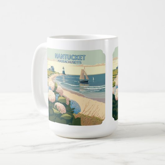 Nantucket Beach Hydrangeas Lighthouse Boat Retro Kaffeetasse (Vorderseite Links)