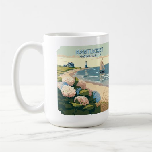 Nantucket Beach Hydrangeas Lighthouse Boat Retro Kaffeetasse (Links)