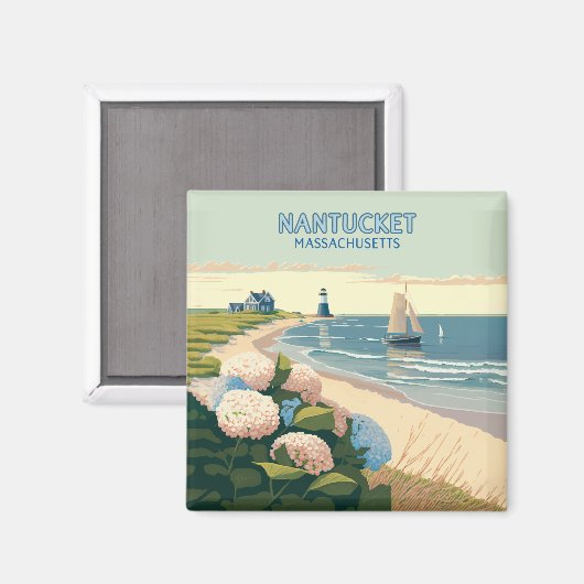 Nantucket Beach Hydrangeas Lighthouse Boat Retro Magnet (Vorderseite/Rückseite)