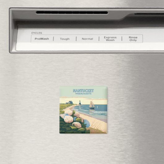 Nantucket Beach Hydrangeas Lighthouse Boat Retro Magnet (In Situ (Geschirrspüler))