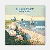 Nantucket Beach Hydrangeas Lighthouse Boat Retro Magnet (Vorne)