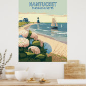 Nantucket Beach Hydrangeas Lighthouse Boat Retro Poster (Küche)