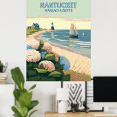 Nantucket Beach Hydrangeas Lighthouse Boat Retro Poster (Heimbüro)