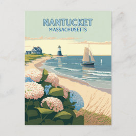 Nantucket Beach Hydrangeas Lighthouse Boat Retro Postkarte
