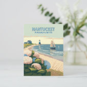 Nantucket Beach Hydrangeas Lighthouse Boat Retro Postkarte (Stehend Vorderseite)