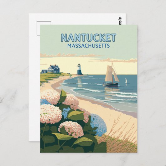 Nantucket Beach Hydrangeas Lighthouse Boat Retro Postkarte (Vorne/Hinten)