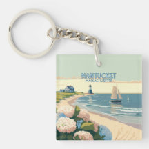 Nantucket Beach Hydrangeas Lighthouse Boat Retro