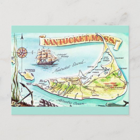 Nantucket MA Illustriert Karte Postkarte (Vorderseite)