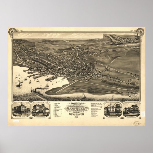 Nantucket Massachusetts 1881 Antike Panoramakarte Poster (Vorne)