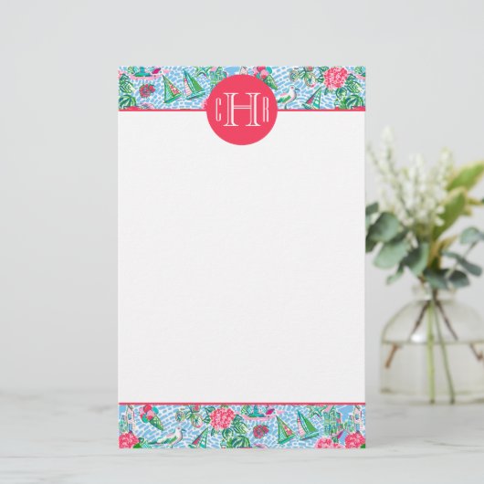 Nantucket Preppy Palm Beach Pattern Mit Monogramm Briefpapier (Stehend Vorderseite)