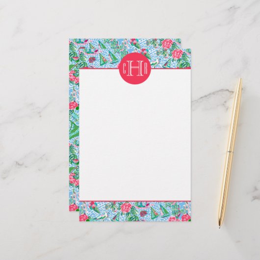 Nantucket Preppy Palm Beach Pattern Mit Monogramm Briefpapier (Vorderseite/Rückseite Beispiel)