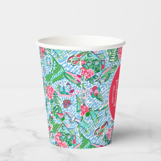 Nantucket Preppy Palm Beach Print Mit Monogramm Pappbecher (Rechts)